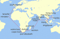 Cruise itinerary map for P & O Cruises 51 Night Hong Kong to Southampton (139446)