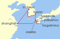 Cruise itinerary map for Costa Cruises 11 Night Asia from Incheon (141109)