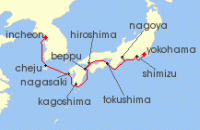 Cruise itinerary map for Norwegian Cruise Line 9 Night Asia from Seoul to Tokyo (Yokohama): Osaka, Kochi, Jeju & Nagoya (141439)