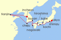 Cruise itinerary map for Silversea Cruises 15 Night Incheon (Seoul) To Tokyo (140919)