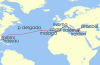 Cruise itinerary map for Oceania Cruises 27 Night Aegean & Atlantic Stars Istanbul to Miami (127841)