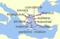 Cruise itinerary map for Oceania Cruises 10 Night Hellenic Explorer Istanbul to Athens (127664)