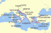 Cruise itinerary map for Seabourn 23 Night Mediterranean Mosaic: Turkey, Greece, Croatia & Italy (137142)