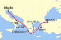 Cruise itinerary map for MSC Cruises 9 Night Mediterranean (123284)
