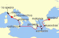 Cruise itinerary map for Norwegian Cruise Line 10 Night Greek Isles From Istanbul to Rome: Santorini, Athens & Mykonos (136887)