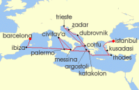 Cruise itinerary map for Cunard Line 21 Night Mediterranean (140387)