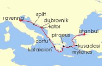 Cruise itinerary map for Norwegian Cruise Line 9 Night Mediterranean from Istanbul to Venice: Athens, Mykonos & Croatia (131860)