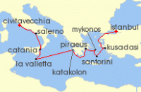 Cruise itinerary map for Norwegian Cruise Line 9 Night Greek Isles from Istanbul to Rome: Santorini, Athens & Mykonos (124770)