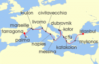 Cruise itinerary map for Oceania Cruises 14 Night Mediterranean Classics Istanbul to Barcelona (135584)