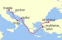 Cruise itinerary map for Oceania Cruises 7 Night Aegean & Adriatic Treasures Istanbul to Trieste (136579)
