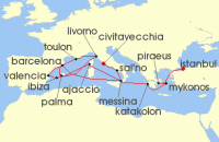 Cruise itinerary map for Cunard Line 21 Night Istanbul (134516)