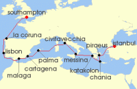 Cruise itinerary map for Cunard Line 18 Night Istanbul (140229)