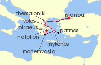 Cruise itinerary map for Azamara Cruises 8 Night Cruise Greece Intensive Cruise: Thessaloniki, Patmos & Mykonos (134250)