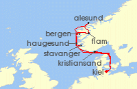 Cruise itinerary map for AIDA 14 Nacht Grose Norwegen-Reise ab Kiel (131922)