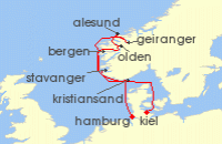 Cruise itinerary map for AIDA 9 Nacht Norwegens Fjord-Weltnaturerbe ab Kiel (137491)