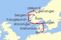 Cruise itinerary map for AIDA 14 Nacht Grose Norwegen-Reise ab Kiel (134697)