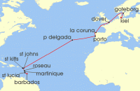 Cruise itinerary map for AIDA 21 Nacht Von Kiel nach Barbados (141681)
