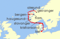 Cruise itinerary map for AIDA 14 Nacht Grose Norwegen-Reise ab Kiel (131949)