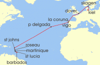 Cruise itinerary map for AIDA 20 Nacht Von Kiel uber die Azoren nach Barbados (139522)