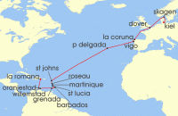 Cruise itinerary map for AIDA 26 Nacht Von Kiel uber die Azoren in die Dom. Republik (139524)