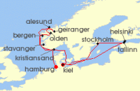Cruise itinerary map for AIDA 16 Nacht Ostsee & Norwegens Weltnaturerbe zu Ostern ab Kiel (137488)