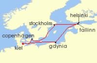 Cruise itinerary map for TUI Cruises 10 Nachte - Zeitlose Ostsee, Hyggeliges Kopenhagen - Ab/Bis Kiel (128233)