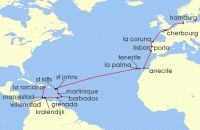 Cruise itinerary map for AIDA 27 Nacht Von der Dominikanischen Republik nach Hamburg (130279)