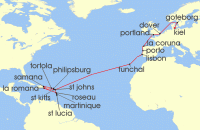 Cruise itinerary map for AIDA 29 Nacht Von der Dominikanischen Republik nach Kiel 2 (128419)