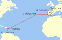 Cruise itinerary map for Norwegian Cruise Line 13 Night Transatlantic from Punta Cana to Paris: Spain & Portugal (137190)