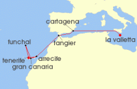 Cruise itinerary map for P & O Cruises 16 Night Mediterranean And Canary Islands Fly-Cruise (114057)