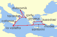 Cruise itinerary map for P & O Cruises 14 Night Mediterranean Fly-Cruise (142101)