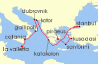 Cruise itinerary map for Regent Seven Seas Cruises 12 Night Beauty Under The Stars Valletta To Athens (Piraeus) (123334)