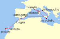 Cruise itinerary map for P & O Cruises 16 Night Mediterranean And Canary Islands Fly-Cruise (135015)
