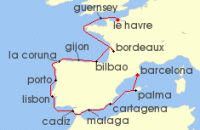 Cruise itinerary map for Oceania Cruises 14 Night Riches of France & Iberia Paris to Barcelona (126099)