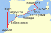 Cruise itinerary map for Oceania Cruises 9 Night The Matadors Trek Lisbon to Barcelona (138186)