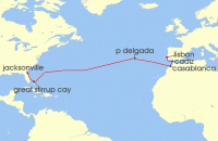 Cruise itinerary map for Norwegian Cruise Line 14 Night Transatlantic from Lisbon to Jacksonville: Bahamas & Spain (140441)