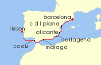 Cruise itinerary map for Crystal Cruises 7 Night Europe & Mediterranean - Lisbon To Barcelona (133716)