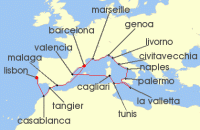 Cruise itinerary map for Silversea Cruises 20 Night Lisbon To Barcelona (126848)