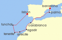 Cruise itinerary map for Norwegian Cruise Line 9 Night Europe from Lisbon to Barcelona: Spain, Morocco & Canary Islands (143044)