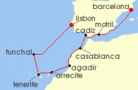 Cruise itinerary map for Norwegian Cruise Line 10 Night Europe from Lisbon to Barcelona: Spain & Morocco (143038)