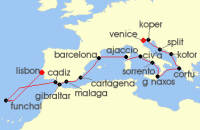 Cruise itinerary map for Oceania Cruises 17 Night European Artistry Lisbon to Venice (126581)