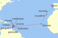 Cruise itinerary map for Silversea Cruises 20 Night Lisbon To Bridgetown (129346)