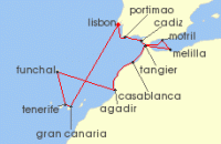 Cruise itinerary map for Norwegian Cruise Line 13 Night Europe Round-trip Lisbon: Spain, Morocco, & Portugal (141621)