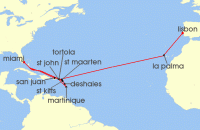 Cruise itinerary map for Silversea Cruises 26 Night Lisbon To Miami, Fl (140784)