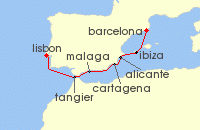 Cruise itinerary map for Norwegian Cruise Line 7 Night Europe From Lisbon to Barcelona: Morocco & Spain (136899)
