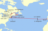 Cruise itinerary map for Silversea Cruises 23 Night Lisbon To Montreal (139638)