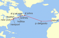 Cruise itinerary map for Regent Seven Seas Cruises 14 Night History On The Horizon Lisbon To New York (123701)
