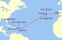 Cruise itinerary map for Crystal Cruises 15 Night Transoceanic - Lisbon To Fort Lauderdale (136743)