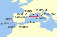 Cruise itinerary map for Oceania Cruises 14 Night Iberia & Italian Treasures Lisbon to Rome (132164)