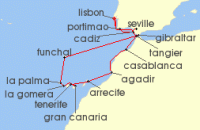 Cruise itinerary map for Azamara Cruises 19 Night Cruise Morocco, Canary Islands & Spain Cruise: Casablanca, Tenerife & Seville (140541)